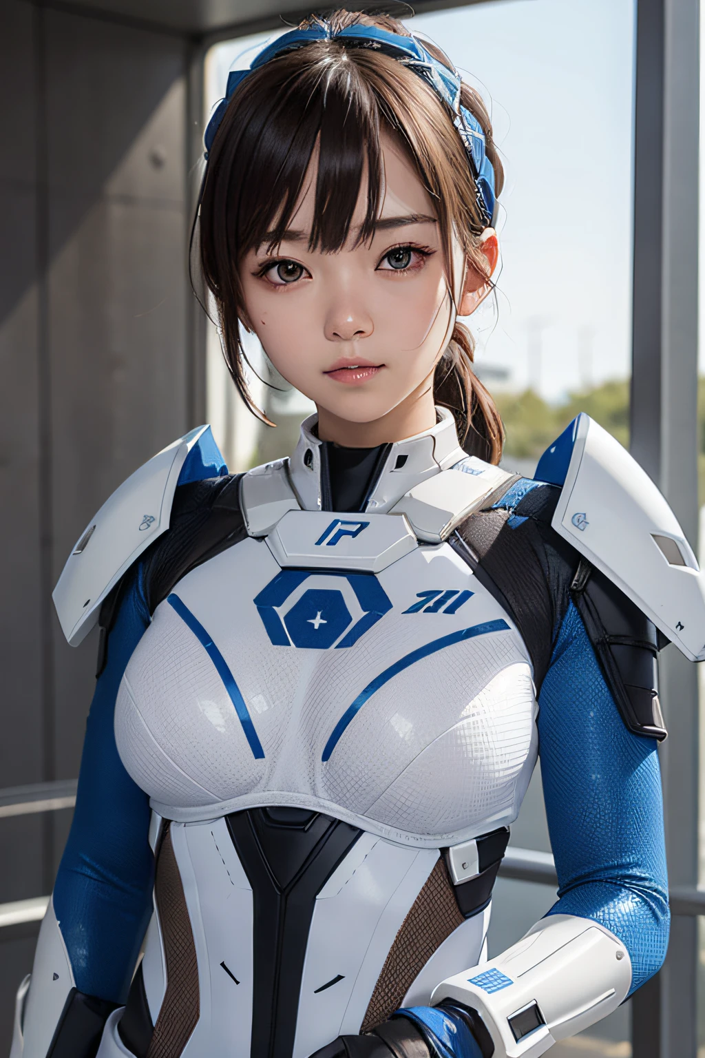 White combat suit with blue pattern, 1 girl, F/1.2, masutepiece, nffsw, Textured skin, high details, Best Quality