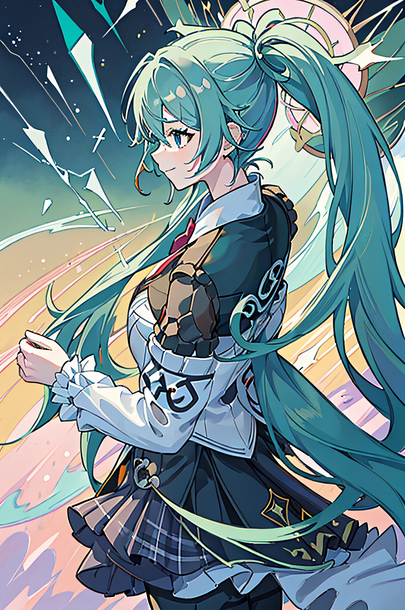 miku hatsune(Top image quality),(The work of the master),(ultra-detailliert),(Detailed depiction of the eyes:1.0),(lensflare:1.0),(Cinematic poster:1.0),(Tarot Border:1.0),Character Center,(a closeup:1.0),(negative space:0.8),(negative space:1.6),(独奏),(a colorful{the wind|water magic|inky|crystalline|icy|firey|loimu|Lightning|netting|boulders|Grit|Particle|brilliance|Bloods}:1.0),(Many colorful{Soap bubbles|​​clouds|thorn|spikes|vine|electric current|spirals|The halo|cube|octahedron}:1.0),(Planktonic{reddish|verdant|Green grass|Eau|Viola|yellow|A black|blanche|greys|pink there|an orange|lime} {bow ribbon|Particle|edg|The drops|Snowflake|softball}:1.0),({crystalline|icy|firey|loimu|the wind|Eau|planet earth|stony|spaces|musical|sonic|swirls} {Magic}:1.0), ({Ray traching,Glowering|Mottled sunbeams,llight rays,Caustics|mistic,eery|Carefree,pastels}:1.2), ({Colorful|Irridescent color|multi colored}:1.0),(beautiful detailed brilliance:1.0),({Slouched|back-view|tilted to the side|}:1.2),{ (A smile:1.0)|(a smirk:1.0)|(grim facial expression:1.0)},({Has a small|Has a small||s lips、Eye lashes}:1.0),{grinning evily|:1.2},({Eyelashes|eyeshadows||}),{Close one eye|||},({Red|Green|Blue|aqua|Purple|yellow|Black|white|greys|orange|lime} hair:1.4 ),({Short|long} ),({frombelow|From  above|From Side|from the rear|front viewer}:1.3),(aureola:1.3),(tilt of the head:1.0),(dynamicposes:1.1),(Asymmetrical hair:1.2),({reddish|verdant|Green grass|Eau|Viola|yellow|A black|blanche|greys|pink there|an orange|lime} {|doress|outfits}:1.0),({Formal|Military|tech wear|Urban style|casual,dressed casually|Fantasy,magician|Sauvage,tribal|scientific fiction,Futuristic,Watches,time,}),({plaid skirts|layered skirts|Puffy dress|tights|trouser|shortpants}),({reddish|verdant|Green grass|Eau|Viola|yellow|A black|blanche|greys|pink there|an orange|lime} {The eye|The eye|collofull eyes}:1.4),{(brow:1.5),asymmetrical bangs|oblique bangs|hair between eye|bluntbangs|swept bangs},{Blindfold|Twin-tailed|||