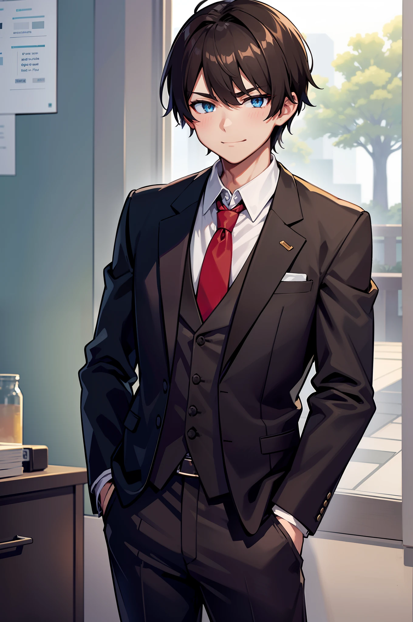 1boy, dark brown hair, blueish greenish eyes, red tie, black suit pants, black suit vest, white shirt, fantasy world, no suit jacket, smug, friendly, young man,