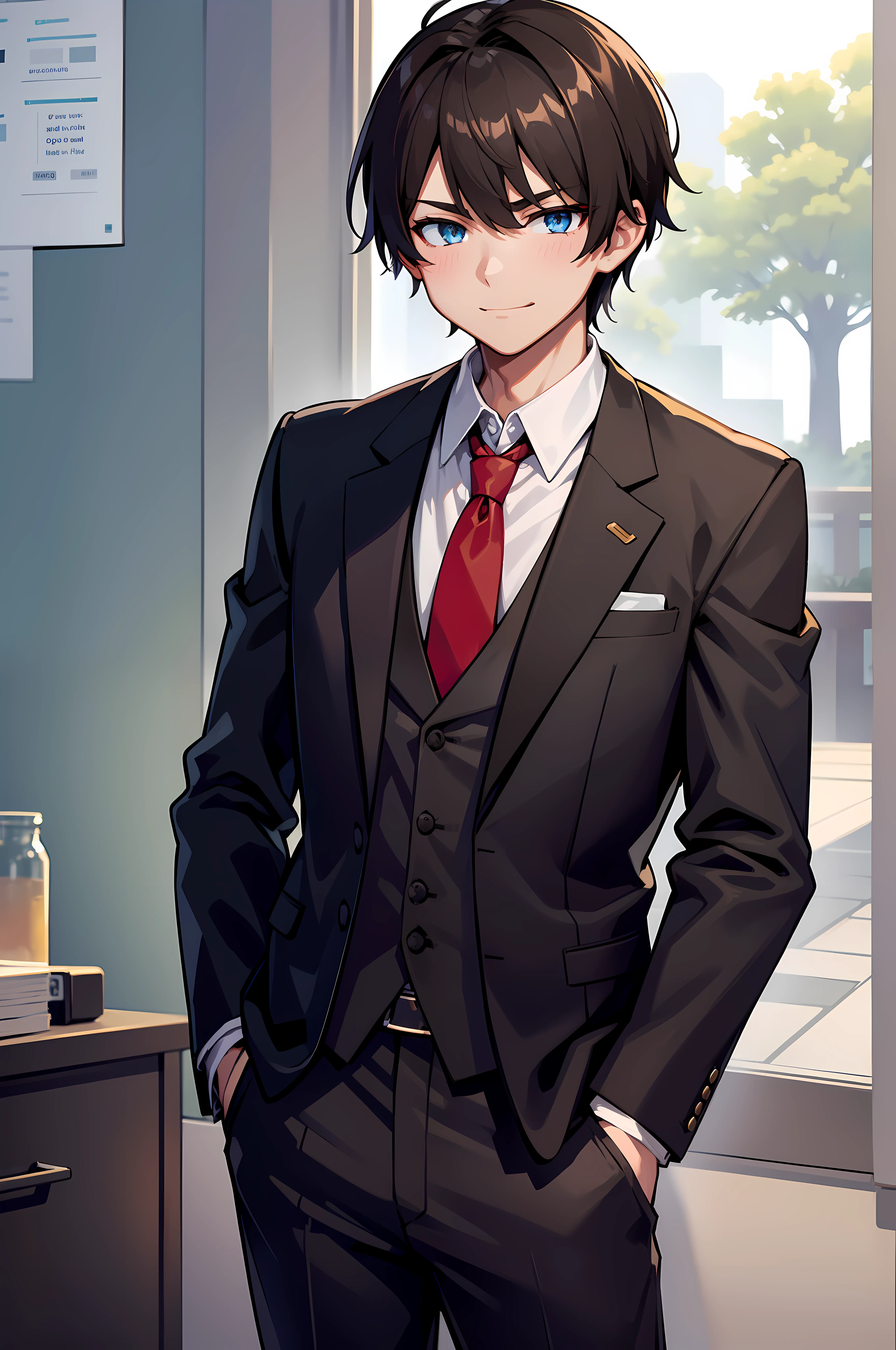 1boy, dark brown hair, blueish greenish eyes, red tie, black suit pants, black suit vest, white shirt, fantasy world, no suit jacket, smug, friendly, young man,