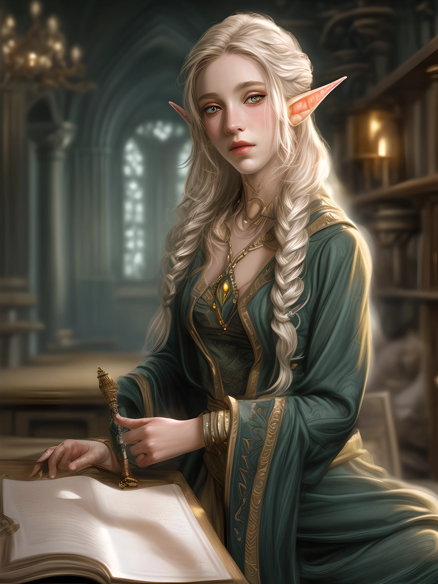 high details, best quality, 16k, [ultra detailed], masterpiece, best quality, (extremely detailed), ultra wide shot, photorealistic, a picture of an elf magical teacher (best details, Masterpiece, best quality: 1.5), teaching magical arts, [[manipulating magical runes Rune_Magic]]  (best details, Masterpiece, best quality: 1.5) at fantasy classroom, a female elf, exquisite beauty (best details, Masterpiece, best quality: 1.5), ultra feminine (best details, Masterpiece, best quality: 1.5), full body (best details, Masterpiece, best quality: 1.5) golden hair, hair in a long braid, small pointed ears, dynamic eyes color, wearing a teachers robe, standing in the classroom (best details, Masterpiece, best quality: 1.5), fantasy class background, best realistic, best details, best quality, 16k, [ultra detailed], masterpiece, best quality, (extremely detailed), ultra wide shot, photorealism, room is lit with bright light, depth of field,