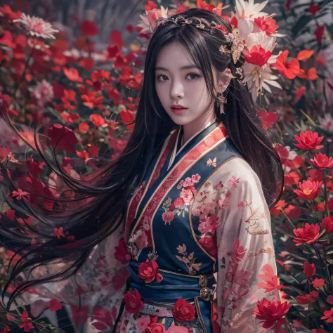 32K（tmasterpiece，k hd，hyper HD，32K）Long flowing black hair，ponds，zydink， a color， Tongzhou people （Spirit Girl）， （Red silk scarf...