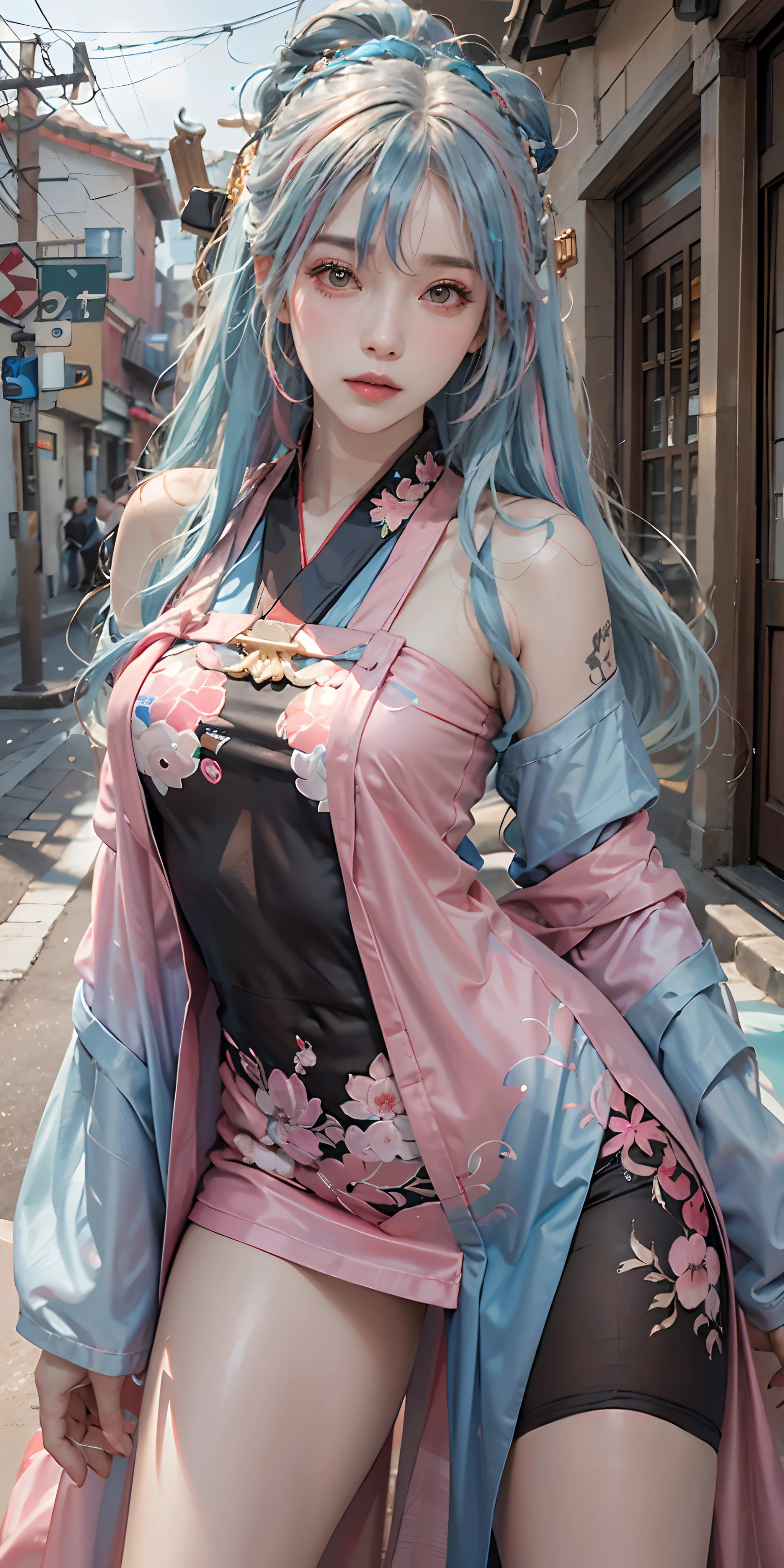 photorealistic, high resolution, soft light,1women, solo, hips up, shining skin, (detailed face),tattoo, jewelry, (rainbow color Hair,colorful hair,half blue and half pink hair:1.2), red hanfu, chinese achitecture