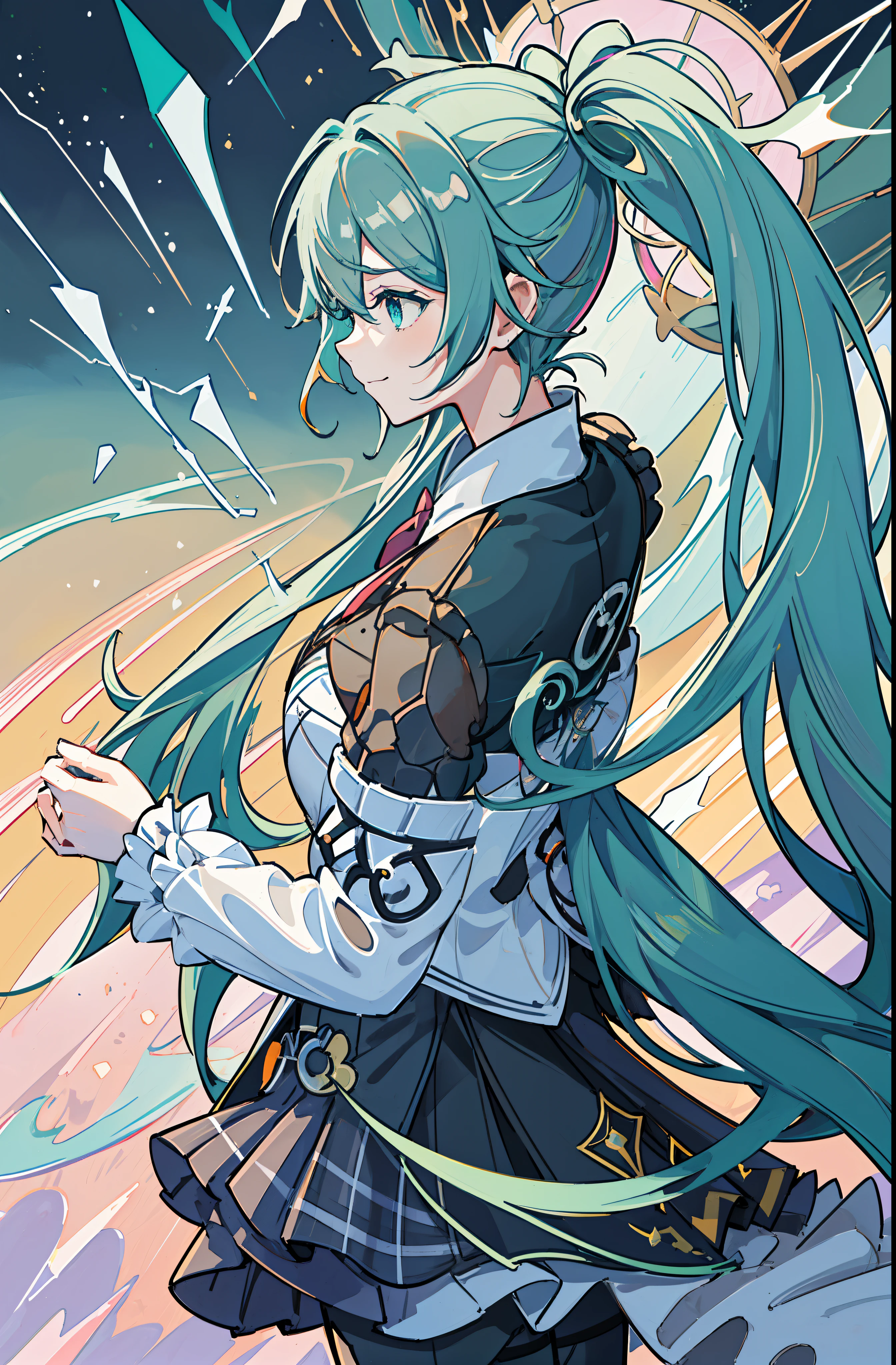 miku hatsune(Top image quality),(The work of the master),(ultra-detailliert),(Detailed depiction of the eyes:1.0),(lensflare:1.0),(Cinematic poster:1.0),(Tarot Border:1.0),Character Center,(a closeup:1.0),(negative space:0.8),(negative space:1.6),(独奏),(a colorful{the wind|water magic|inky|crystalline|icy|firey|loimu|Lightning|netting|boulders|Grit|Particle|brilliance|Bloods}:1.0),(Many colorful{Soap bubbles|​​clouds|thorn|spikes|vine|electric current|spirals|The halo|cube|octahedron}:1.0),(Planktonic{reddish|verdant|Green grass|Eau|Viola|yellow|A black|blanche|greys|pink there|an orange|lime} {bow ribbon|Particle|edg|The drops|Snowflake|softball}:1.0),({crystalline|icy|firey|loimu|the wind|Eau|planet earth|stony|spaces|musical|sonic|swirls} {Magic}:1.0), ({Ray traching,Glowering|Mottled sunbeams,llight rays,Caustics|mistic,eery|Carefree,pastels}:1.2), ({Colorful|Irridescent color|multi colored}:1.0),(beautiful detailed brilliance:1.0),({Slouched|back-view|tilted to the side|}:1.2),{ (A smile:1.0)|(a smirk:1.0)|(grim facial expression:1.0)},({Has a small|Has a small||s lips、Eye lashes}:1.0),{grinning evily|:1.2},({Eyelashes|eyeshadows||}),{Close one eye|||},({Red|Green|Blue|aqua|Purple|yellow|Black|white|greys|orange|lime} hair:1.4 ),({Short|long} ),({frombelow|From  above|From Side|from the rear|front viewer}:1.3),(aureola:1.3),(tilt of the head:1.0),(dynamicposes:1.1),(Asymmetrical hair:1.2),({reddish|verdant|Green grass|Eau|Viola|yellow|A black|blanche|greys|pink there|an orange|lime} {|doress|outfits}:1.0),({Formal|Military|tech wear|Urban style|casual,dressed casually|Fantasy,magician|Sauvage,tribal|scientific fiction,Futuristic,Watches,time,}),({plaid skirts|layered skirts|Puffy dress|tights|trouser|shortpants}),({reddish|verdant|Green grass|Eau|Viola|yellow|A black|blanche|greys|pink there|an orange|lime} {The eye|The eye|collofull eyes}:1.4),{(brow:1.5),asymmetrical bangs|oblique bangs|hair between eye|bluntbangs|swept bangs},{Blindfold|Twin-tailed|||