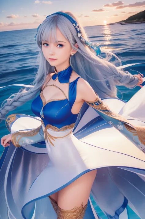 female, white long hair, wearing blue aqua dress elegant, the stomach is open, staring expression,smile, Mermaid horn headband, ...