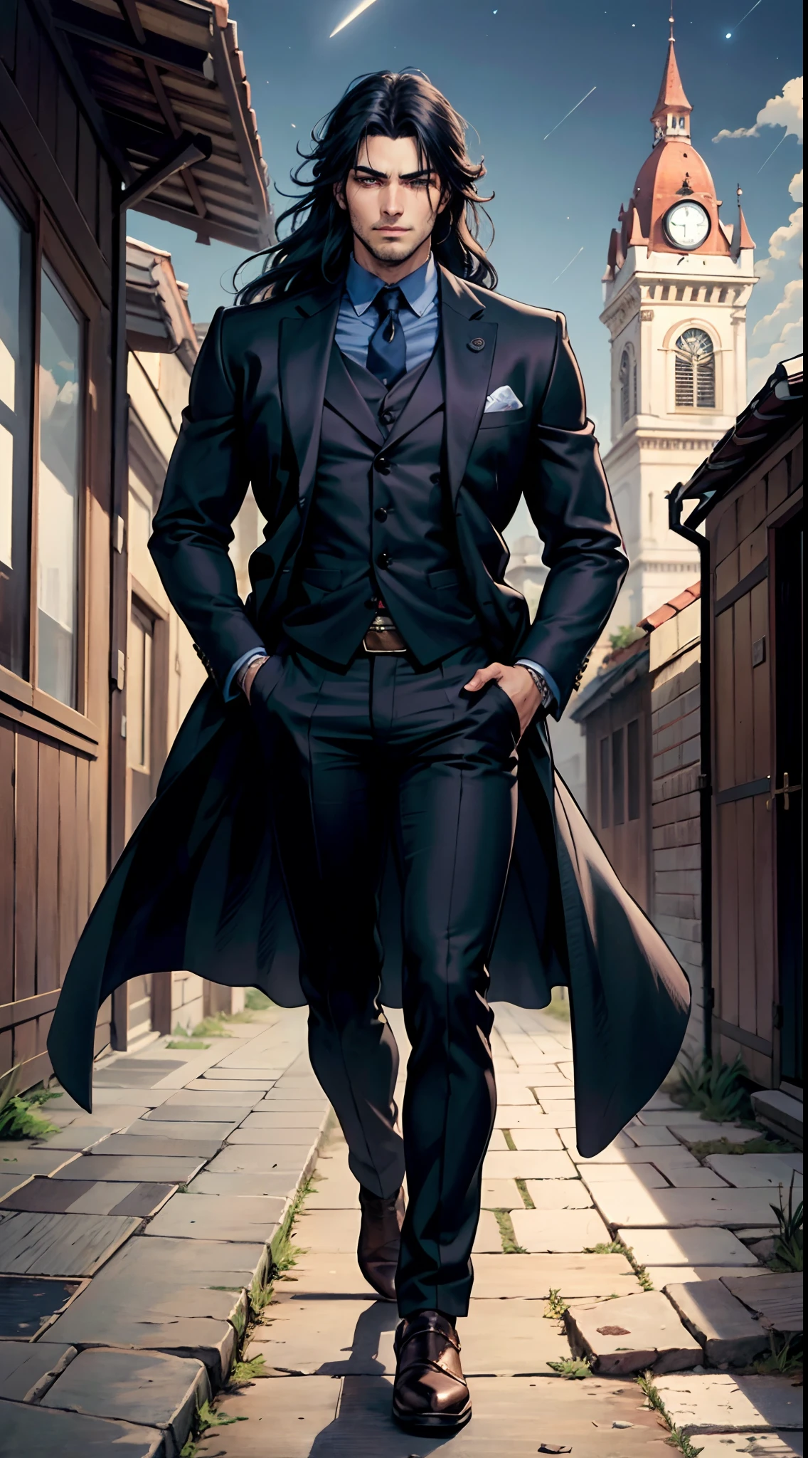 A young man with deep blue long hair, cold and resolute eyes, a slender face, handsome features, stands tall in front of a decrepit ancient city under the night sky, exudes a dignified demeanor, he wears a two-piece Western-Eastern hybrid black suit coat, matching black trousers, in each hand he holds a curved longsword emitting a faint, hazy blue glow that illuminates the surroundings, this character embodies a finely crafted fantasy-style swordsman design in anime style, characterized by a sophisticated and mature manga illustration art style, full body character drawing, high definition, best quality, highres, ultra-detailed, ultra-fine painting, extremely delicate, professional, anatomically correct, symmetrical face, extremely detailed eyes and face, high quality eyes, creativity, RAW photo, UHD, 8k, Natural light, cinematic lighting, masterpiece:1.5