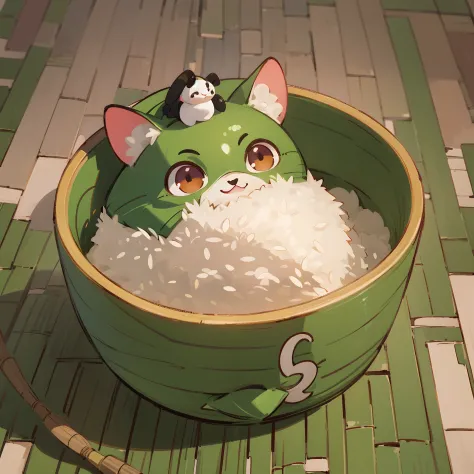 (a little fuwa wearing a green tricorn hat), (sitting in a large bamboo bowl), rice dumplings, rice dumplings, cute 3d rendering...