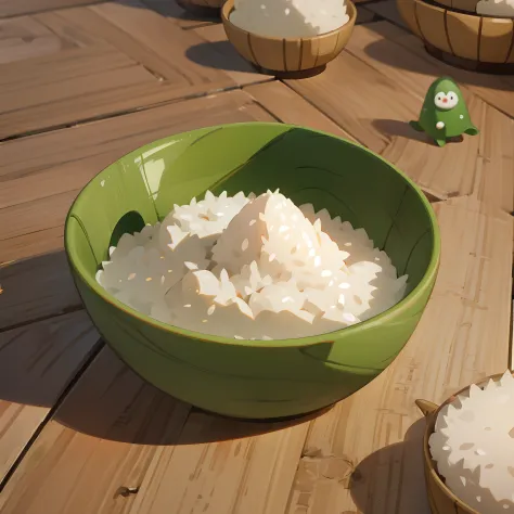 (a little fuwa wearing a green tricorn hat), (sitting in a large bamboo bowl), rice dumplings, rice dumplings, cute 3d rendering...