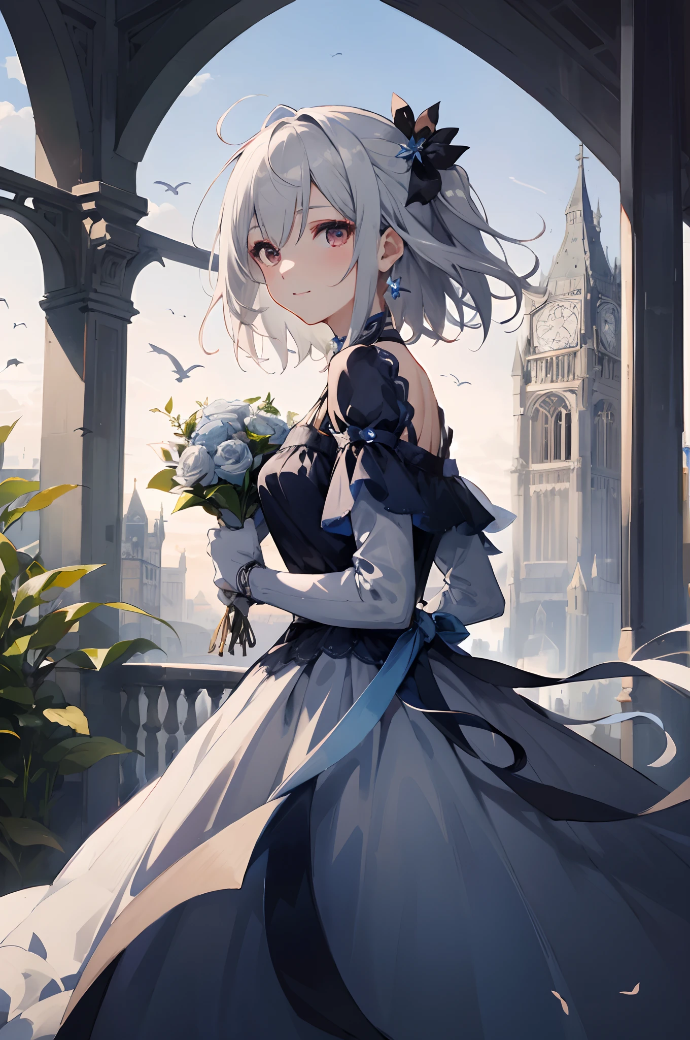 (tmasterpiece、top-quality、illustratio、Extremely high quality、high-level image quality、Extremely sensitive writing)White-haired girl standing in beautiful garden、A slight smile、She has a large bouquet、Cute national costume style dress，There are ruffles on the shoulders、Hair fluttering in the wind