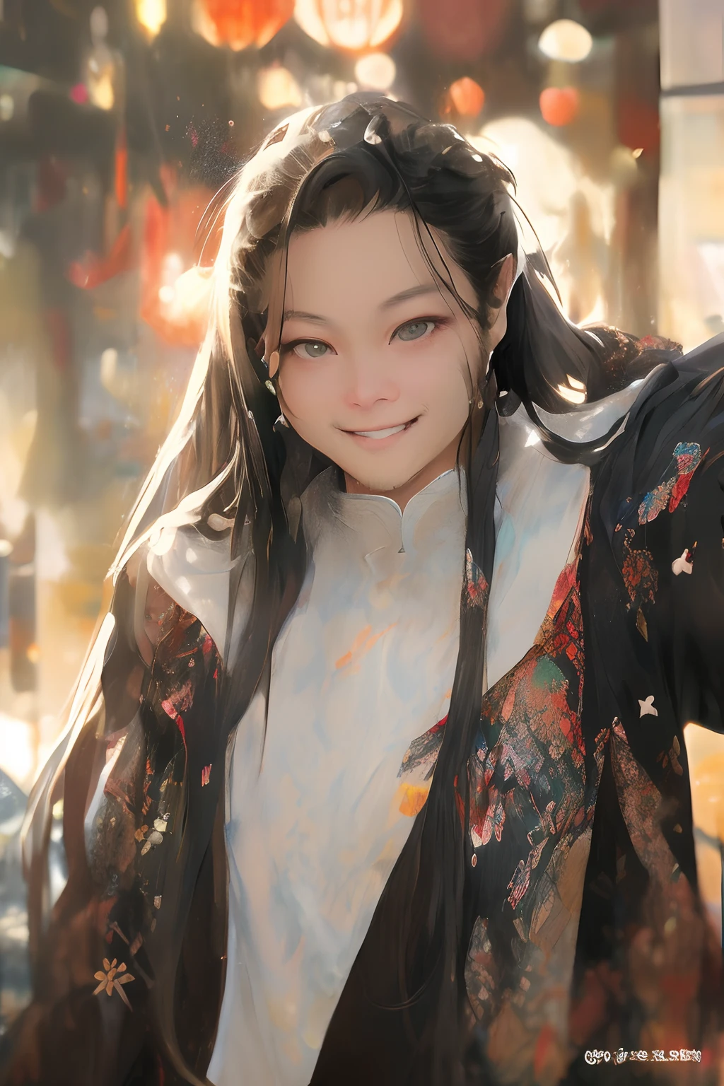 of a guy，long whitr hair，Black hair，Handsome，Deep eyes，looking back at the camera，ssmile，Bust，closeup cleavage，Wear Hanfu，Black Hanfu，Ancient wind，lumnious，Contour light，3/4 perspectives，The background is blurred out