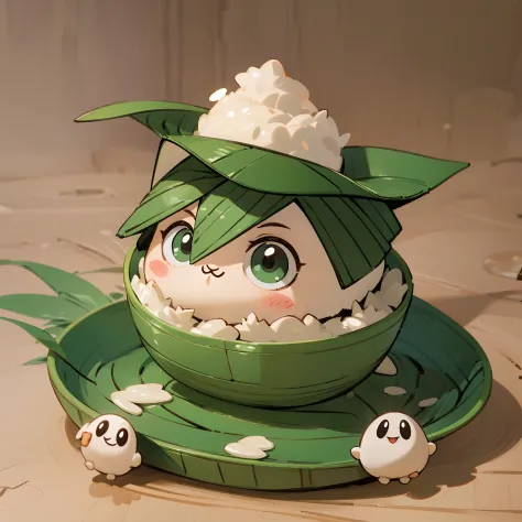 (a little fuwa wearing a green tricorn hat), (sitting in a large bamboo bowl), rice dumplings, rice dumplings, cute 3d rendering...