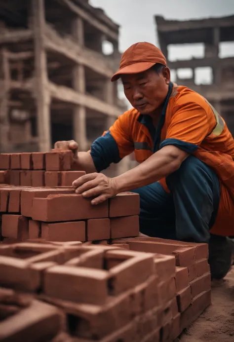 Middle-aged Chinese man moving bricks at a construction site，photore，Real Scene，Wearing sweat