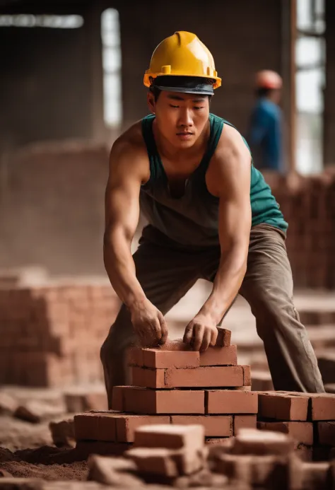 A sweaty young Chinese man moving bricks on a construction site，photore，Real Scene
