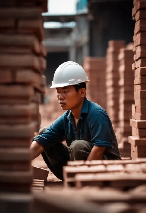 A sweaty young Chinese man moving bricks at a construction site，photore，Real Scene
