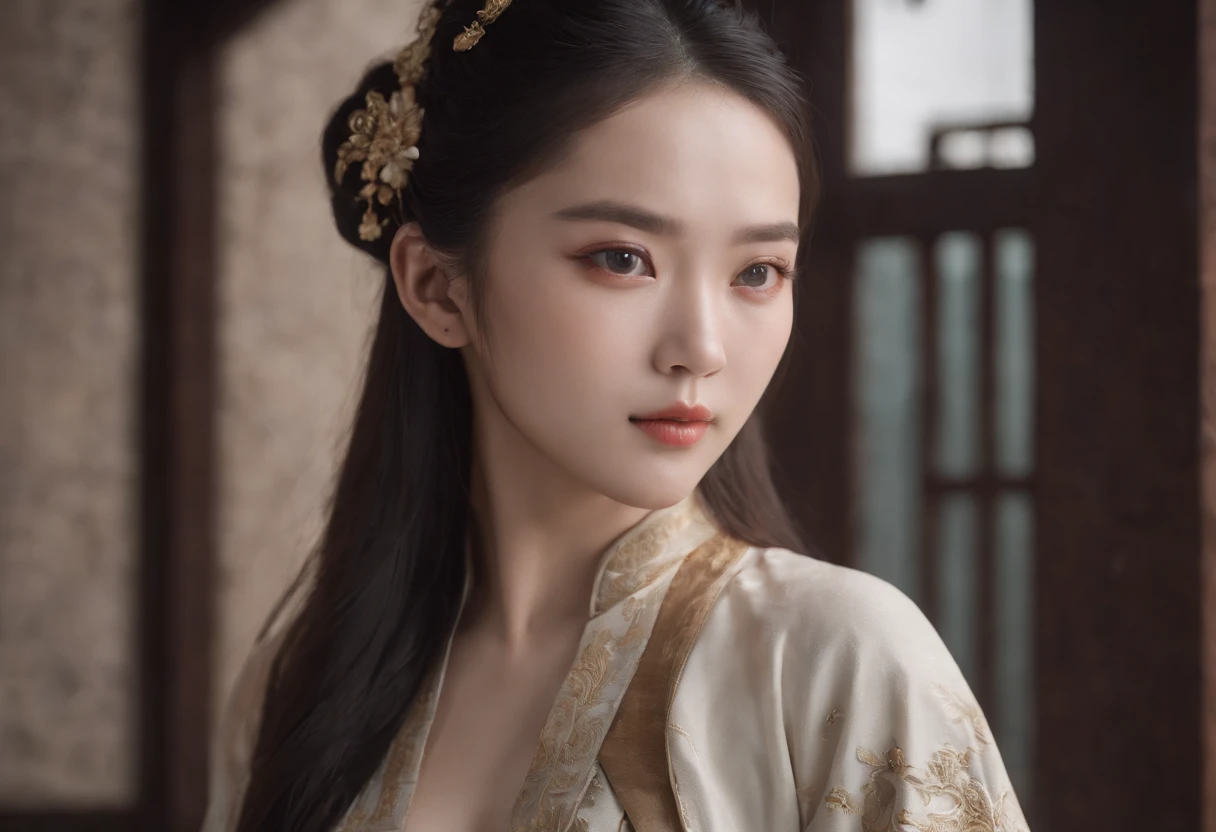 Feng Shen List，tmasterpiece，ultra fine photos，，best qualtiy，超高分辨率，Photoreality，Chiaroscuro，（full-body portraits），stunningly beautiful，dynamicposes，delicated face，Bigchest，Murderous eyes，（seen from the side），She wears ancient Chinese armor，very highly detailed background，detailed face with，Detailed and complex busy background，untidy，opulent，milkyW，Highly detailed skin，Realistic details of skin，Visible Pore，tack sharp focus，volume fog，8k uhd，digital SLR camera，high qulity，filmgrain，White skin of the，photo-realism，lomography，The palace of the Yin Shang King in ancient China , look from down, semi transparent, large breasts, showing cleavage,