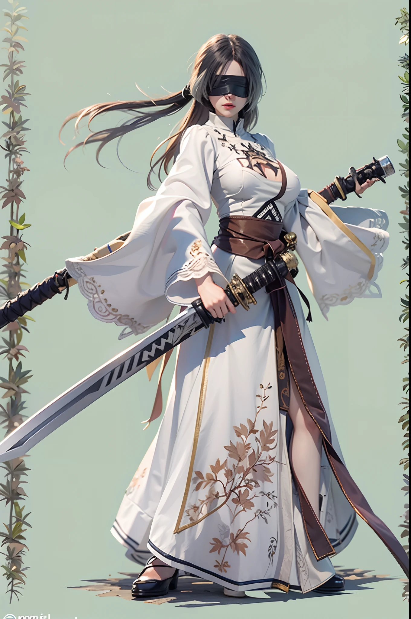 n_2b, skinny, slim body, white background, black blindfold, she have a very long sword katana,