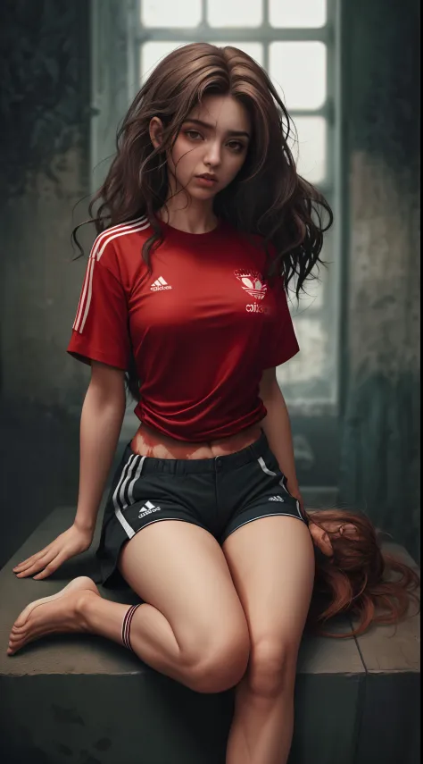 1 garota de ((cabelo  muito curto vermelho)), com camisa da Adidas (usando uma calcinha branca)
