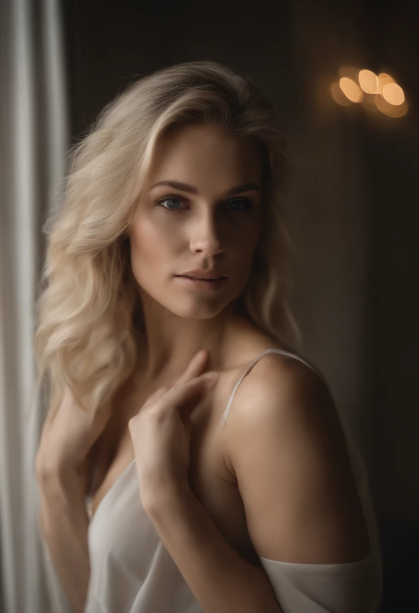 Woman with long blonde hair and muscular body and white bra looking at the camera, blonde and attractive features, Swedish blonde woman, Femme blonde, A photograph of a beautiful woman, seductive woman, Jeune femme blonde, belle femme blonde, une fille aux cheveux blonds, Photos de femmes, Beau visage arrondi, attractive young woman, portrait of a beautiful model、