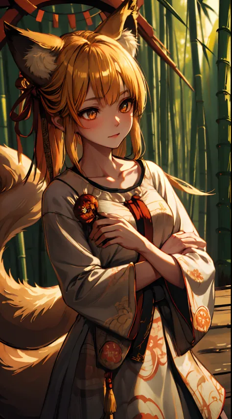 1 girl, upper body, single focus, ethereal beauty, fox spirit attire, bewitching eyes, (kitsune mask: 1.4), (enchanting forest: ...
