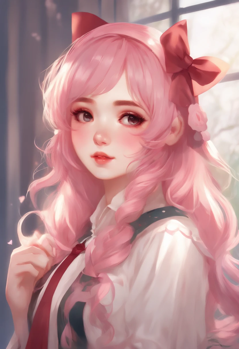 anime girl with pink hair and a bow in her hair, kawaii realistic portrait, guweiz, portrait of magical girl, cute character, cute art style, anime moe artstyle, character art of maple story, cute portrait, cute anime girl portrait, portrait of a small character, artwork in the style of guweiz, splash art anime nsfw