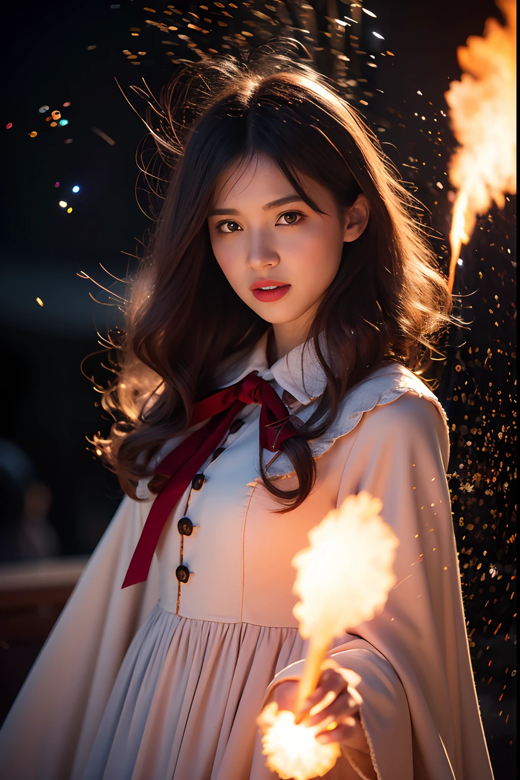 RAW photo, full sharp, (Full HD epic wallpaper) 8K  UHD, Digital SLR, Soft lighting, High quality, filmgrain, Fujifilm XT3, hiqcgbody, (1人, Kizi:1.2),the night，Focus above the thighs, Broken glass effect, Vivid yellow flame, Ethereal sparks, vulnerable, Red eyes, (Long gray hair),Wind，Fluttering head， buzz cut, Style - Gravity magic, Looking down, Solo, , Detailed background, Detailed face, Pale complexion,((Gorgeous Lolita costume)), Black cloak, Cape, Hood, malicious expression, The scarlet symbol rotates in the air,(Floating fire particles, particle fx), Skylight color scheme, ( Huge red explosion flames), the are In the background, Surrounded by a crimson mist, Sunset, symetrical composition, Epic atmosphere,(Smoky)，