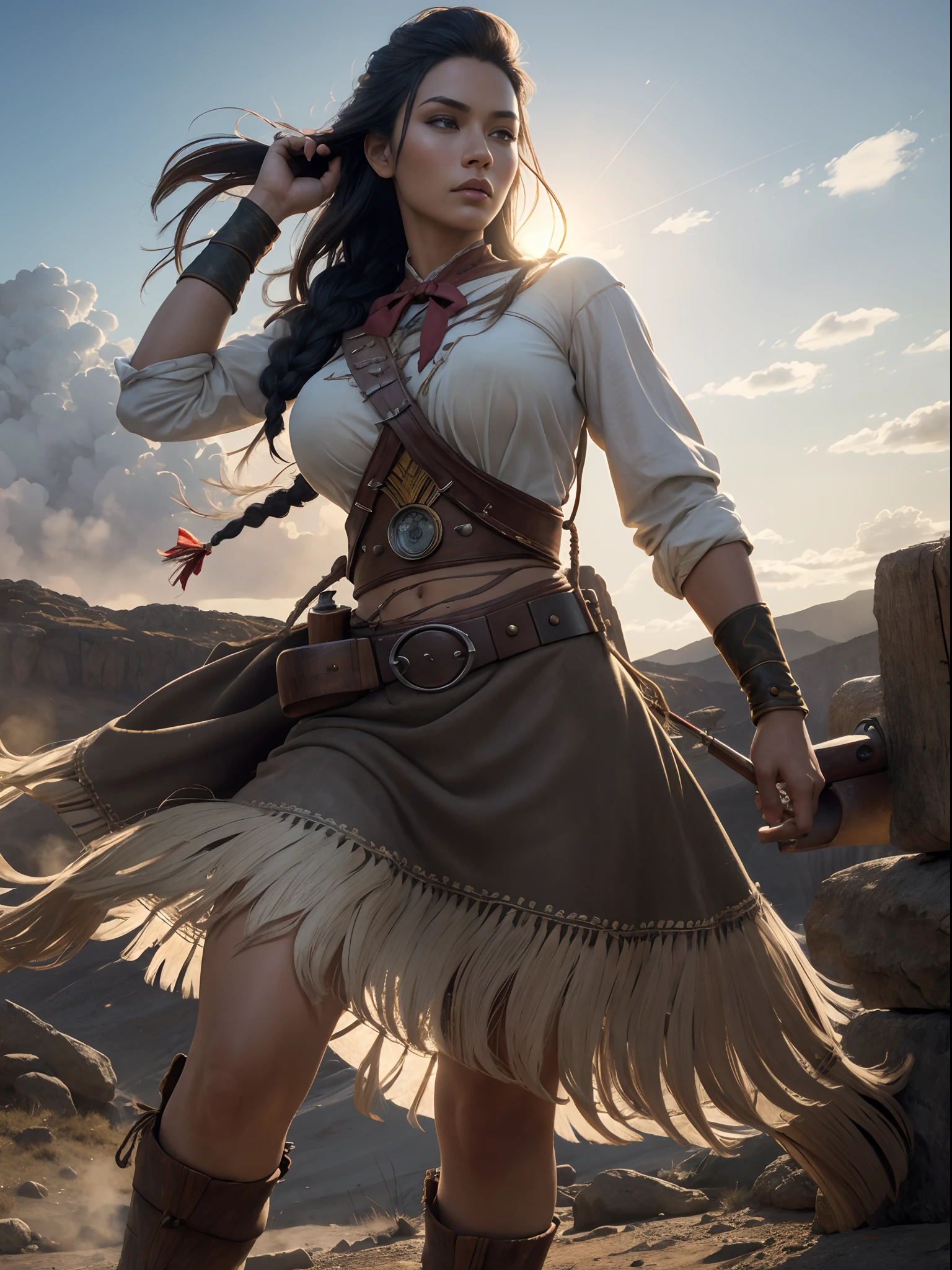 ((masutepiece)),  ((Best Quality)),  ((hight resolution)),  Extremely detailed)),  One girl as a costume for Pocahontas, Full body, infp young woman, Big Breast, (Super realistic), (matchless beauty), Detailed skin texture, Detailed Cloth Texture, beautifull detailed face, Intricate details, ultra-detailliert, Indigenous Feather Jewelry, Traditional handmade dresses, Armed Female Hunter Warrior, Dynamic Pose, ((Draw a bow)),  (((Wild west))) environment, Wasteland,  A hyper-realistic, Concept art, Elegant, ((Convoluted)), ((Highly detailed)), depth of fields, ((professionally color graded)), soft ambient lighting, Dusk, Best Quality, hight resolution, Photorealistic, primitive, 8K,masutepiece, Best Quality, Master Furnace 8K.nffsw. Hi-Lib:1.2, film grains, Blur blur:1.2, Lens Flare, (vivd colour:1.2), (Delicate),