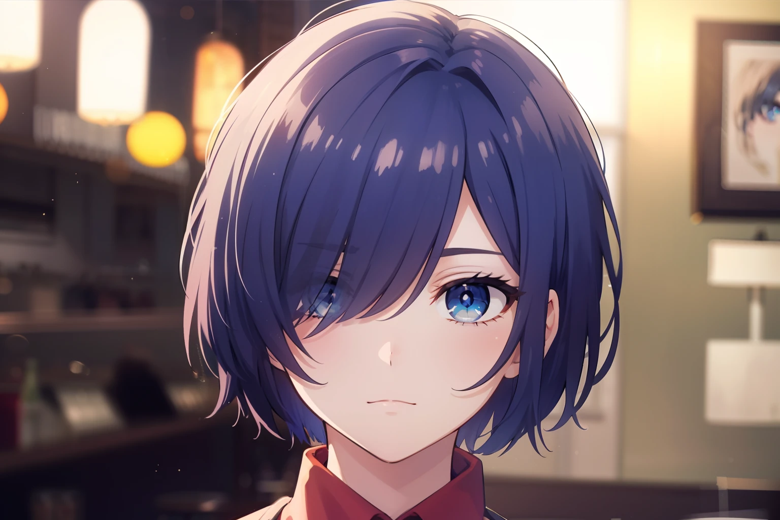 top-quality,masutepiece,8K,32K, 8K UHD,Dark blue eyes,short-cut,bob cuts,Bangs over the left eye, Soft lighting, ((Blue Eye)) , Short hair,Fashionable café background,Green apron,detailed face depiction,Beautiful facial features,Close-up of the face,