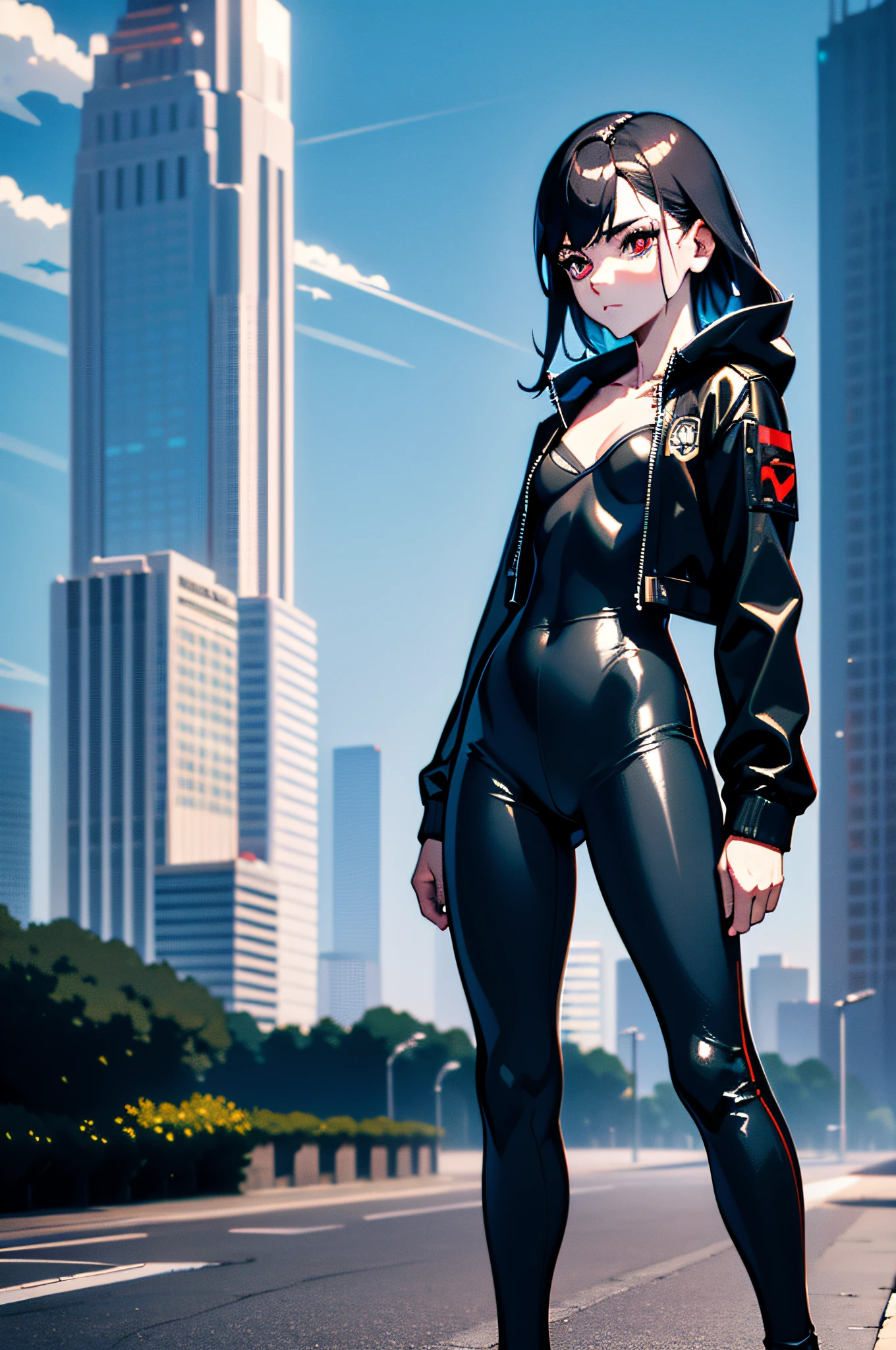 (masterpiece), best quality, expressive eyes, perfect face, secre swallowtail, small tits, small body, red eyes, flat tits,cyberpunk black outfit, cyberpunk outfit, futuristic black jacket, highly detailed, legs, glossy skin, (natural light), black tight pants, (masterpiece)+, (legendary)+, best quality, highres, depth of field, UHD, HDR10+, detailed eyes, perfect face, better face,full body, city in the background