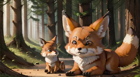Little brown fox with his father,Amber eyes,ln the forest,lively,Loves to move