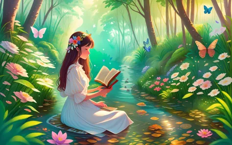 woman in white dress reading book by the water, a small river in the forest, flowers, butterflies, rainbow, half body, illustrat...