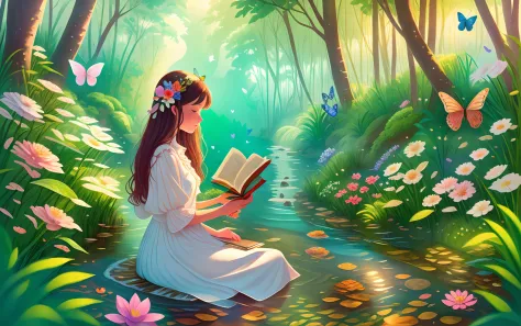 woman in white dress reading book by the water, a small river in the forest, flowers, butterflies, rainbow, half body, illustrat...