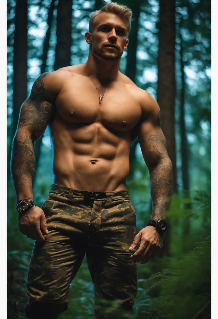 A man with tattoos standing in the woods with his shirt off - SeaArt AI