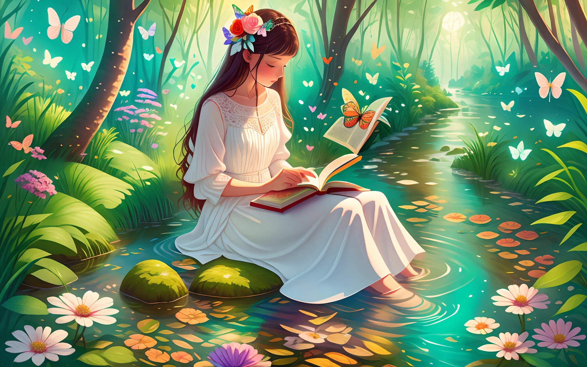 Woman in white dress reading book by the water, a small river in the forest, flowers, butterflies, rainbow, half body, illustration style --auto --s2