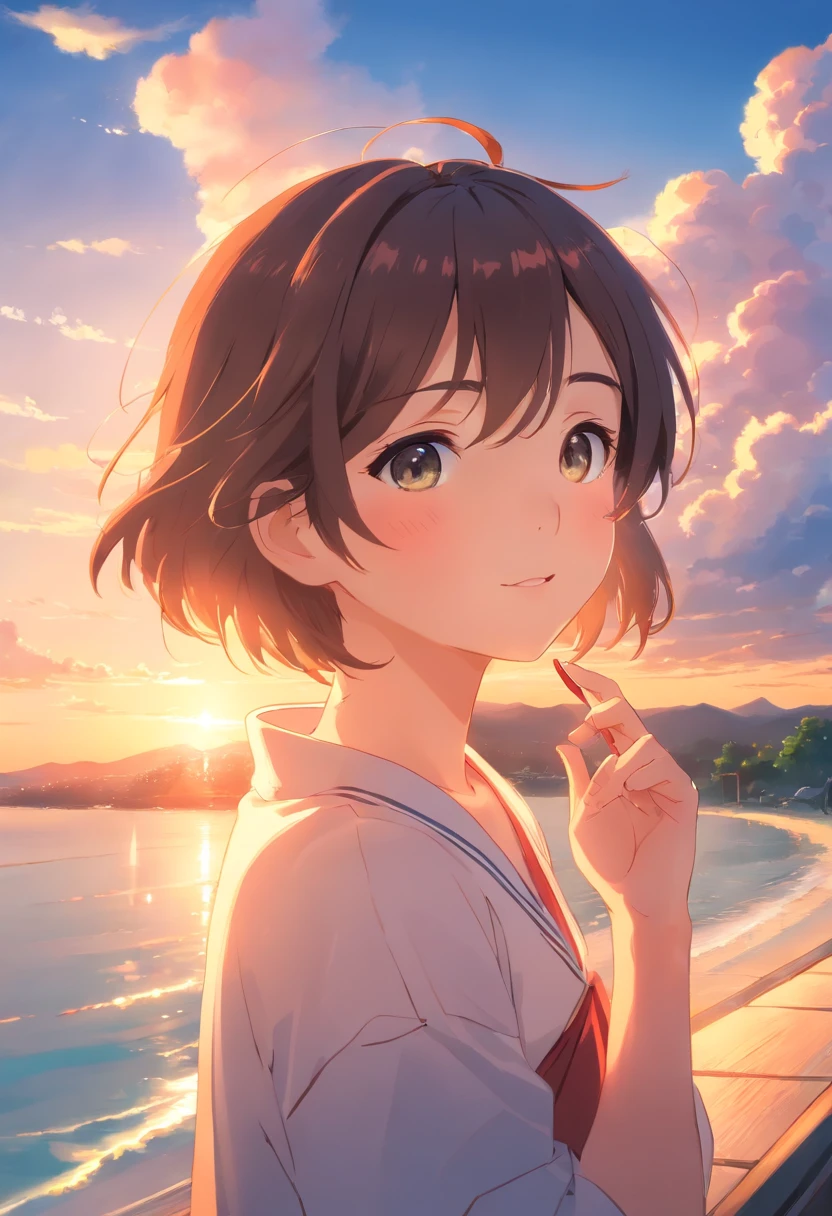 ​masterpiece、top-quality、Movie stills、1girl in、Eat nigiri rice、Mouth wide open、Cloud Girl、floating in sky、a closeup、Luminescence、Happiness、Warm and soft lighting、the setting sun、(Spark:0.7)