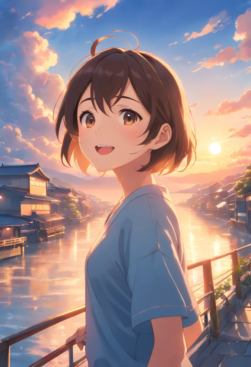 ​masterpiece、top-quality、Movie stills、1girl in、Eat nigiri rice、Mouth wide open、Cloud Girl、floating in sky、a closeup、Luminescence、Happiness、Warm and soft lighting、the setting sun、(Spark:0.7)