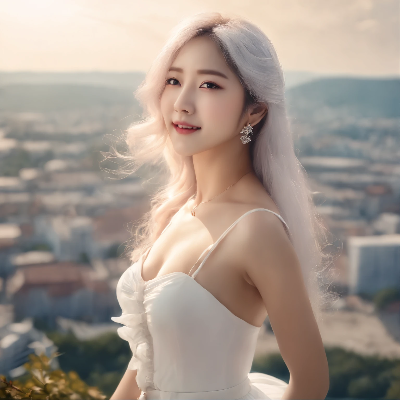 official art, masterpiece, sharp focus, (beautiful gorgeous cute korean woman:1.3), (beautiful cute korean woman:1.3), korean beauty, delicate and beautiful hair and eyes and face, realistic, super detailed, beauty girl, blue sky, glow white particles, (side light: 1.2), sunshine, white clouds, fine clouds, slender, pretty breasts and big buttocks, smile with teeth, ((laugh with eyes, open both eyes )), scenery, long straight hair, sexy look, buildings, (cityscape: 1.7), dynamic hair, long straight hair, detailed platinum pink hair, sparkling blue eyes, (blue pleated shirt + white skirt) , white long socks, white skin, hair ornaments, magnificent scenery,