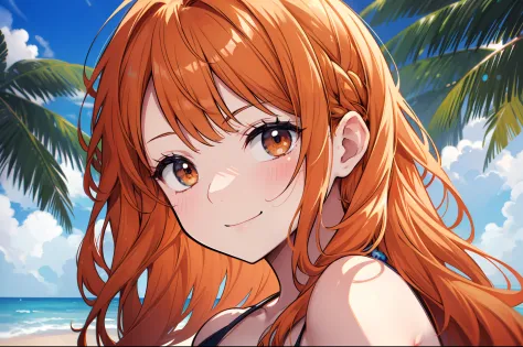 top-quality,masutepiece,masutepiece,​masterpiece,8K,32K,high-level image quality,High pixel count,1人の女性,1girl in,独奏,Beautiful facial features,kawaii faces,The long-haired,orange color hair,(long),Slender body lines,Thin hip line,Green Bikini Top,is standin...