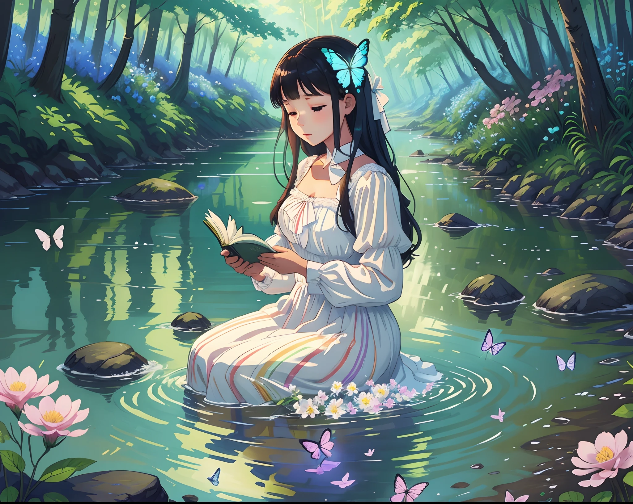 Woman in white dress reading book by the water, a small river in the forest, flowers, butterflies, rainbow, half body, illustration style,-- ar3:4 -- --auto --s2