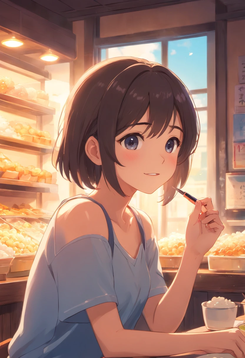 Anime girl sitting at a table with a cup of coffee - SeaArt AI