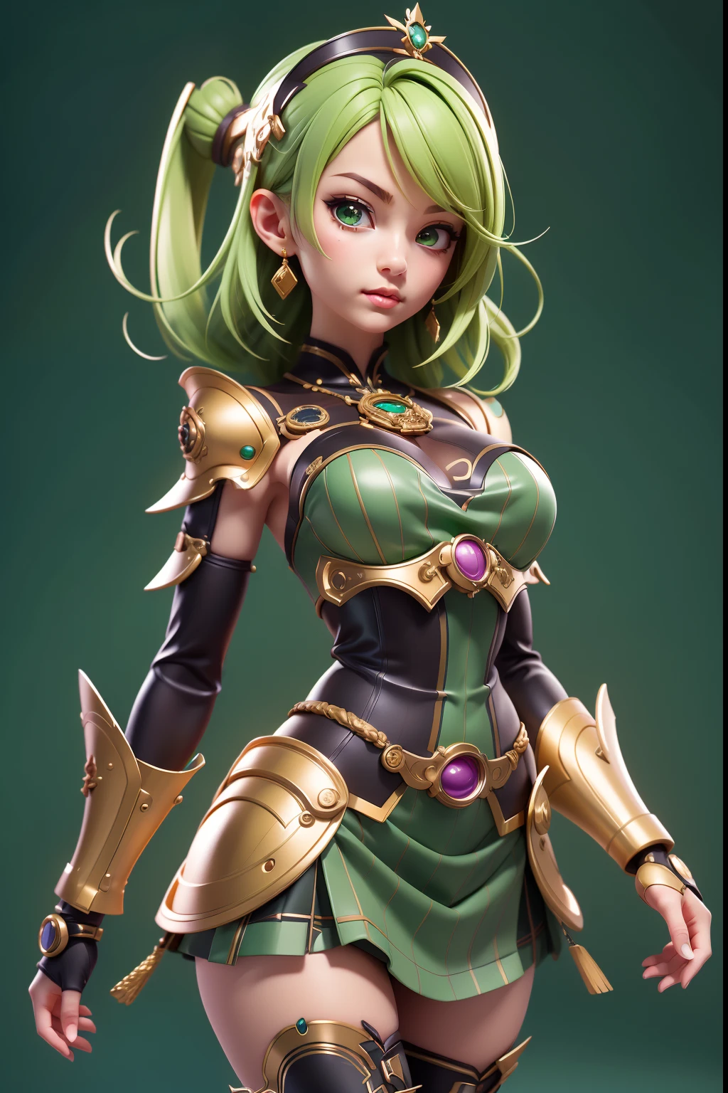 (masutepiece),(Best Quality:1),(超A high resolution:1),Wallpaper, detailed illustration, Detailed beautiful skin, 1girl in, Solo, Machine-made armor,Western sword、steampunc、 green colored hair,short-hair、 Sexy, fullllbody、middlebreasts, Mini Plaid Skirt, Single-color background