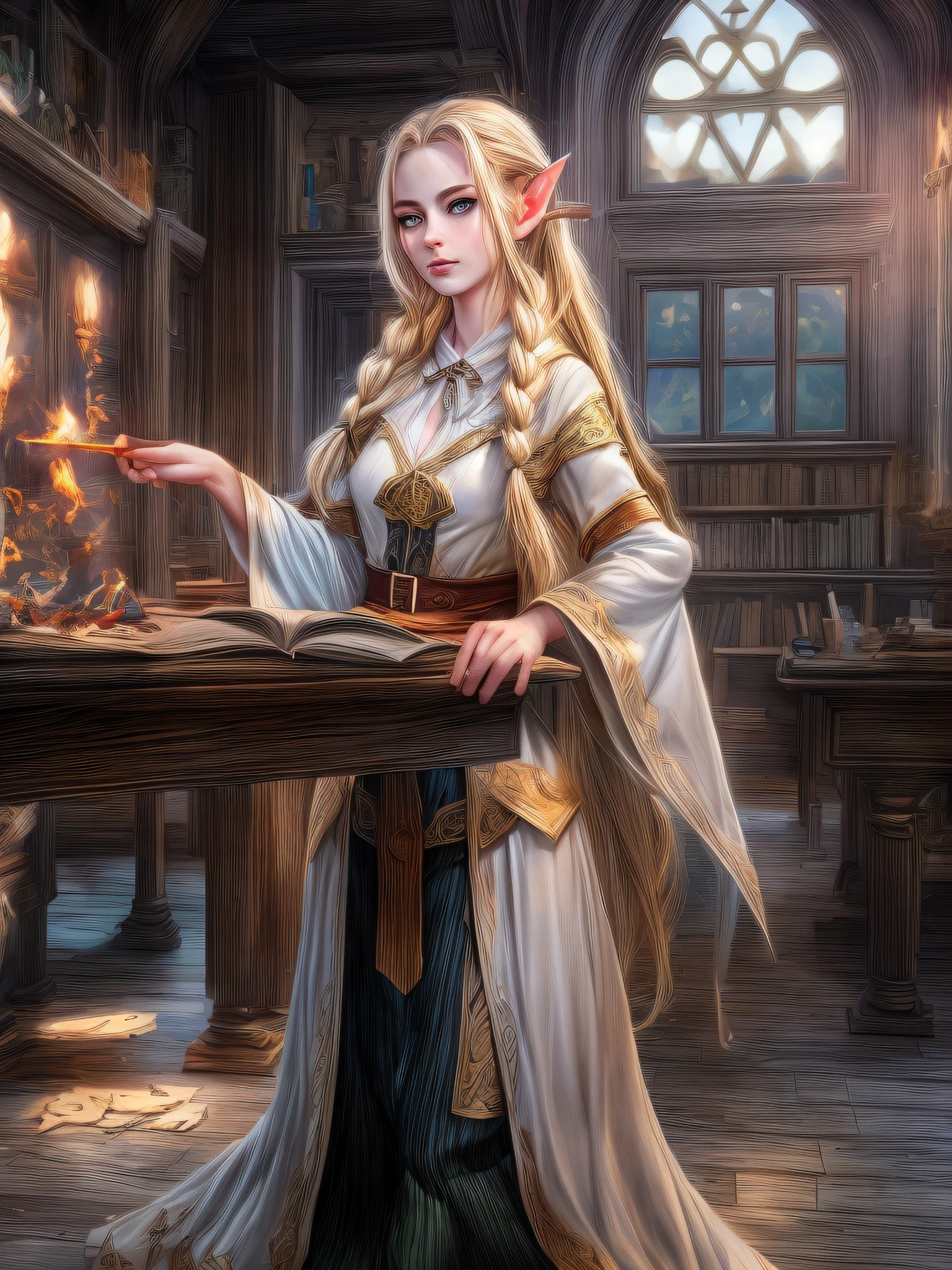high details, best quality, 16k, [ultra detailed], masterpiece, best quality, (extremely detailed), ultra wide shot, photorealistic, a picture of an elf magical teacher (best details, Masterpiece, best quality: 1.5), teaching magical arts, manipulating magical fire Rune_Magic (((gl0w1ngR )))glowingrunes (best details, Masterpiece, best quality: 1.5) at fantasy classroom, a female elf, exquisite beauty (best details, Masterpiece, best quality: 1.5), ultra feminine (best details, Masterpiece, best quality: 1.5), full body (best details, Masterpiece, best quality: 1.5) golden hair, hair in a long braid, small pointed ears, dynamic eyes color, wearing a teachers robe, standing in the classroom (best details, Masterpiece, best quality: 1.5), fantasy class background, best realistic, best details, best quality, 16k, [ultra detailed], masterpiece, best quality, (extremely detailed), ultra wide shot, photorealism, room is lit with bright light, depth of field,