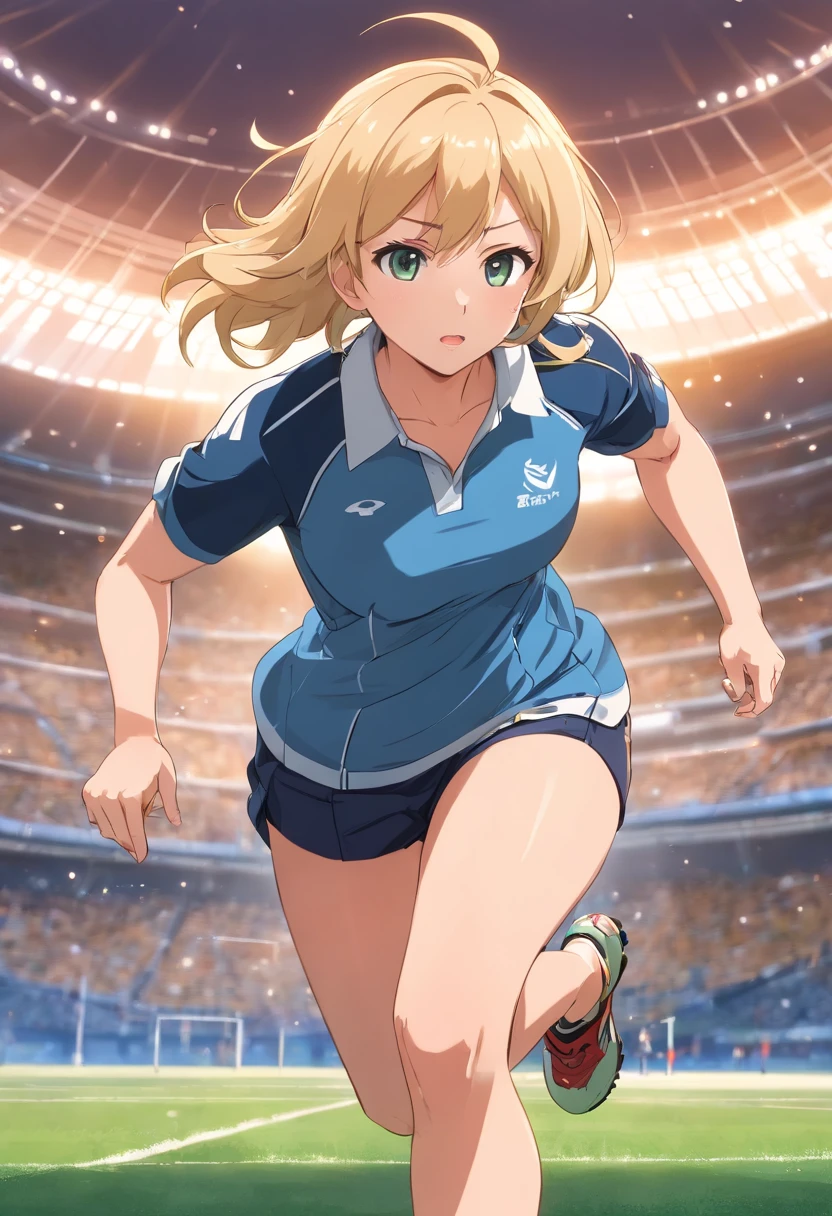 A woman in a blue shirt running on a soccer field - SeaArt AI