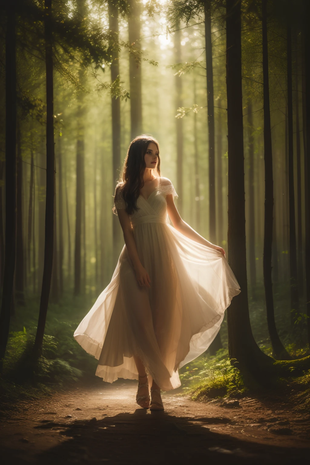 A woman in a white dress walking through a forest SeaArt AI A woman in a white dress walking through a forest SeaArt AI