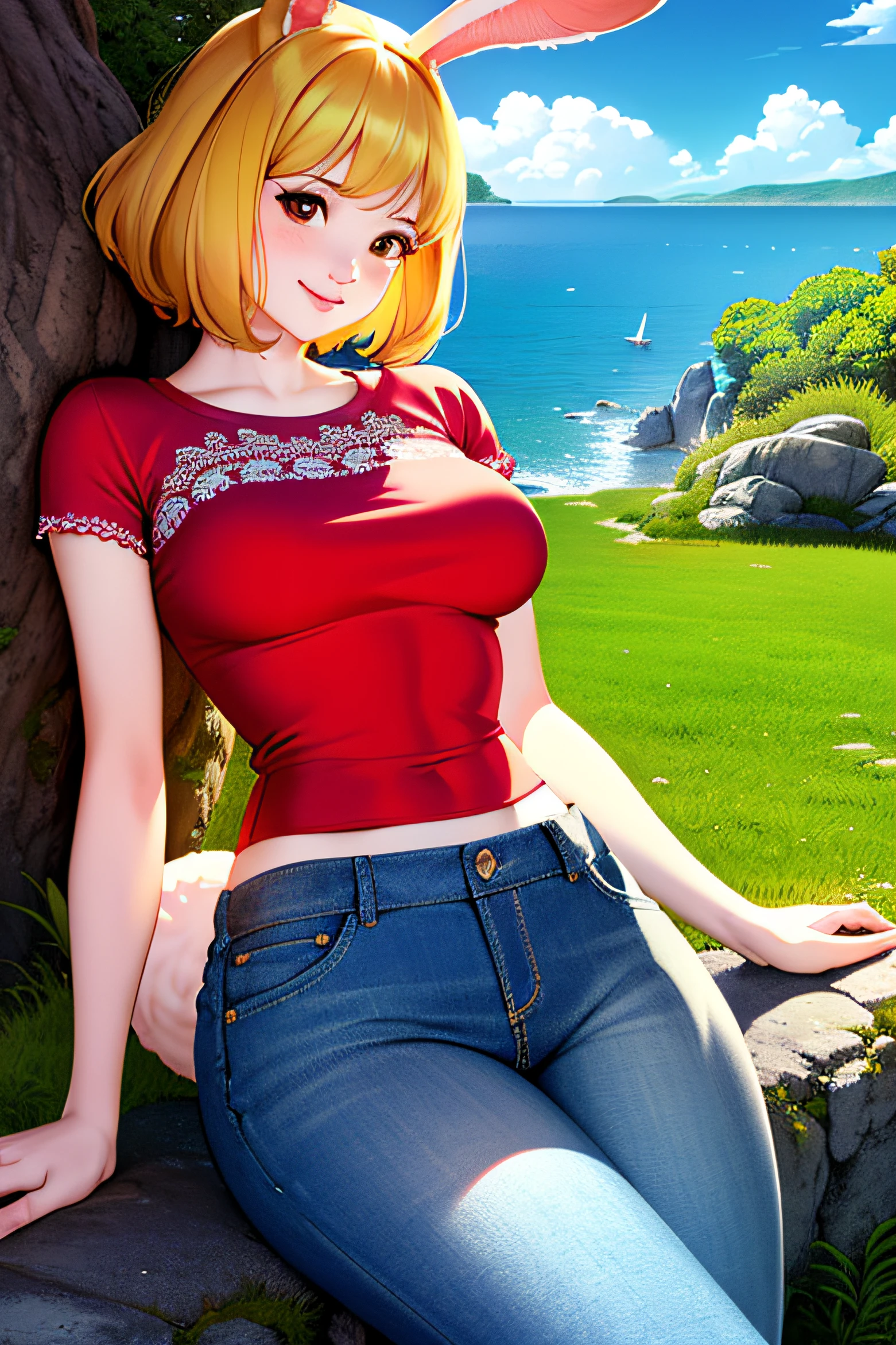 (ultra detailed background, delicate pattern, intricate detail, highly detailed, fine details), best quality,((medium breasts, slim girl,  close-up, portrait)), CarrotChan, 1girl, solo, blonde hair, animal ears, rabbit ears, rabbit girl, furry female, furry, short hair, smile, rabbit tail, jeans, t-shirt, round neck, sitting, bench, outdoors, , brown eyes, ((slim girl, medium breasts, animal nose)), ((complex detailed background, blue sky, grass, trees, rocks, ocean, nature environment, cowboy shot)),