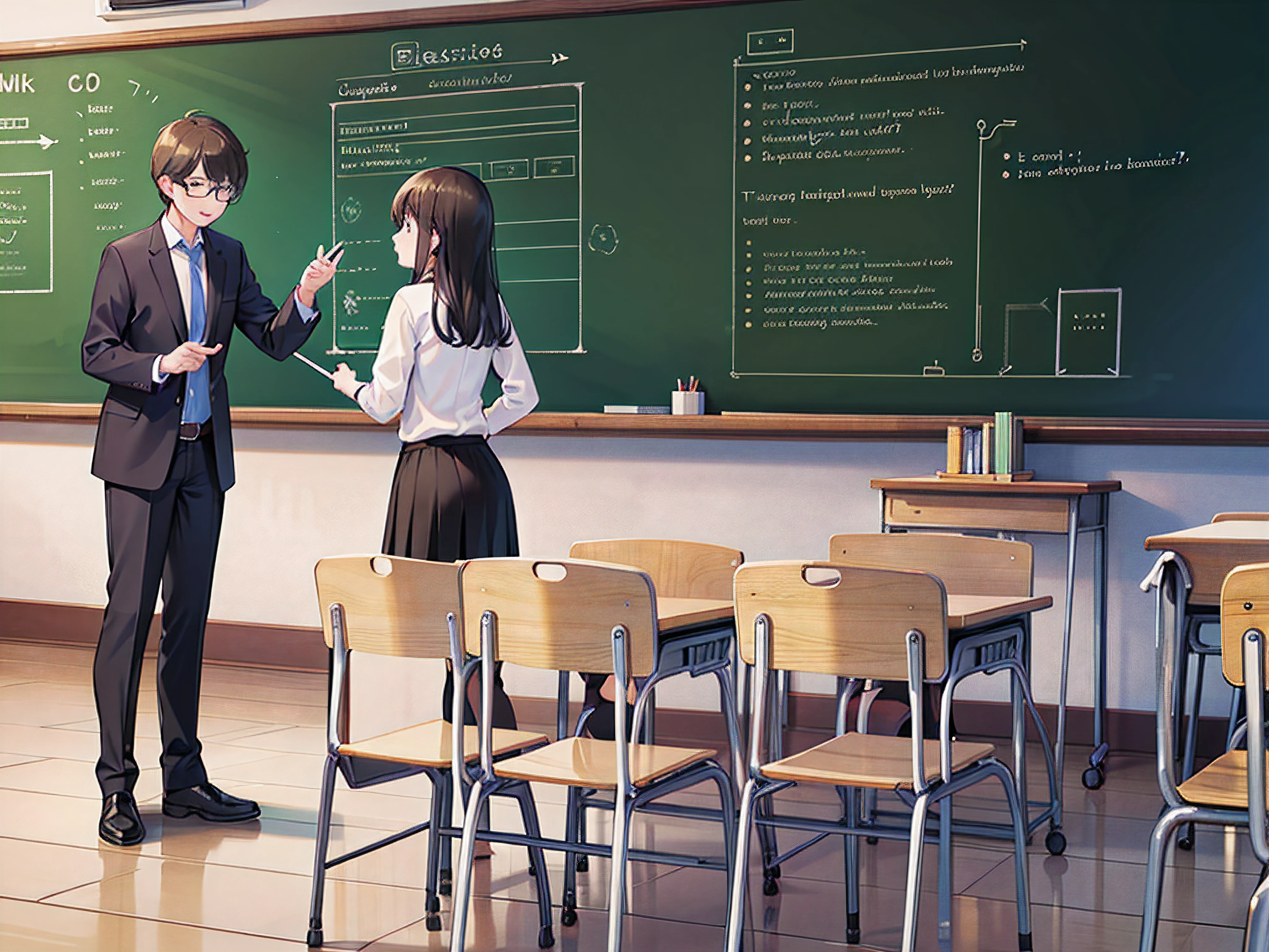 (best quality,4k,8k,highres,masterpiece:1.2), ultra-detailed, (realistic,photorealistic,photo-realistic:1.37), teacher giving a lesson in a vibrant classroom, attentive students, engaging teaching methods, chalkboard filled with handwritten notes, interactive learning environment, natural lighting, warm color tones, educational atmosphere, visible excitement and curiosity in the students' faces, collaborative group work, a mix of desks and tables, educational materials neatly organized, warm and inviting classroom setting, positive and encouraging teacher-student interaction, diverse group of students, inspirational quotes displayed on the walls, expressive body language of the teacher, educational technology integrated into the lessons, thought-provoking discussions, dynamic and engaging teaching style, focus on individual student progress, authentic assessment methods, inspiring and creative educational journey.