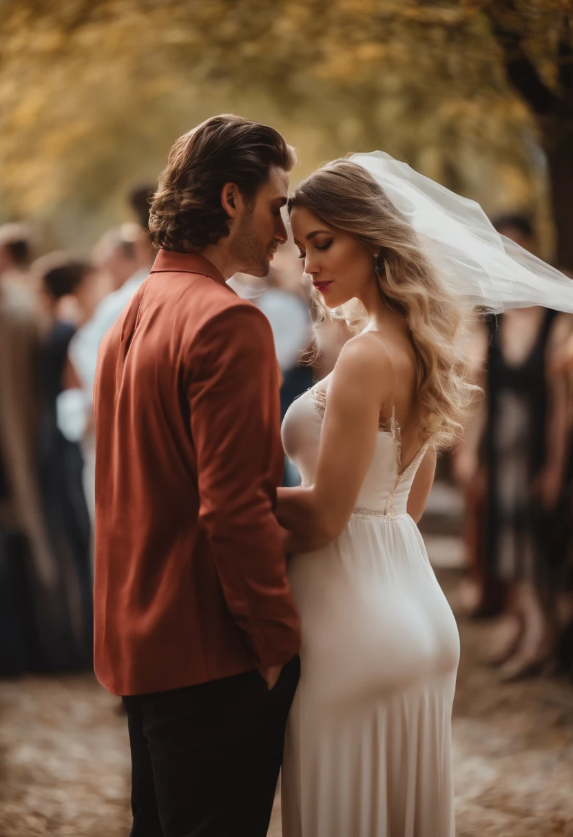 A bride and groom standing in front of a crowd of people - SeaArt AI