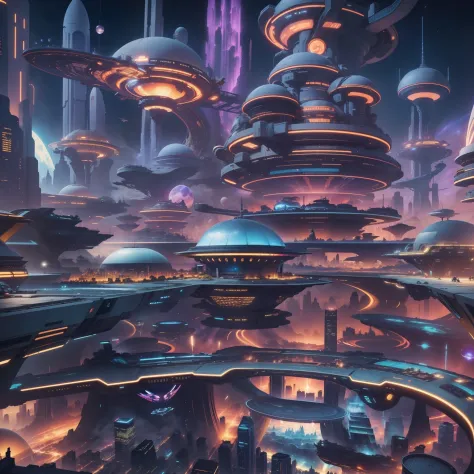 Space City、Futuristic cities、alien、floating in the universe、cyberpunked、Skyscrapers line the streets、A space station、top-quality、​masterpiece、２４century、dream、utopian、planet earth、World of Dreams、Fantasia、𝓡𝓸𝓶𝓪𝓷𝓽𝓲𝓬、Beautiful city