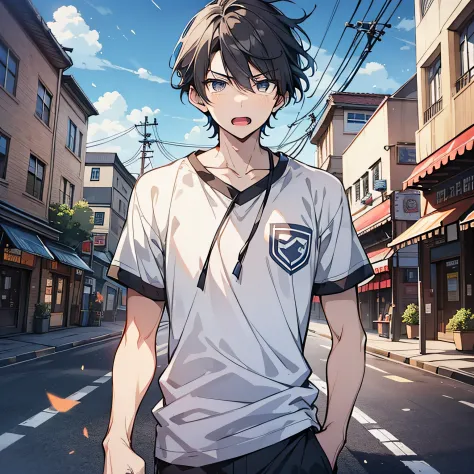 Around 18 years old, young anime man，Short black hair 1.5，Wear a plain white shirt，Standing on the side of the road in town with...