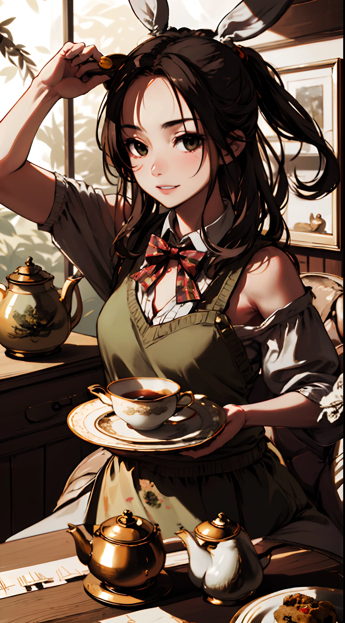 1 girl, upper body, single focus, quirky allure, March Hare-inspired attire, perpetually late expression, (mad tea party: 1.4), (endless teapot: 1.3), disheveled hair, whimsical aura, [depth of field, ambient lighting, tea  foreground, endless teapot background], Wonderland's March Hare, never-ending tea time, overflowing teapot, (overgrown table), (giant teacup: 1.2), intricate details, enhanced lighting.