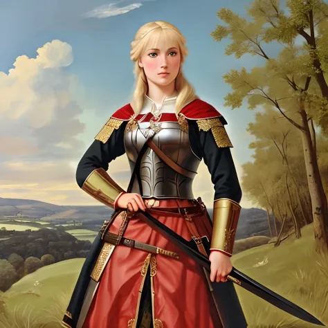 there's a blonde warrior woman with a mini scythe in her hand. 18th century natholonic warfare style